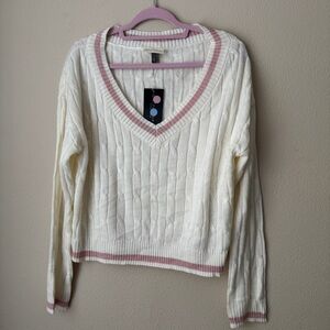 V-Neck Cable Knit Sweater - Cream and Pink